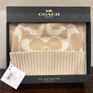 Coach Tan and Cream Hat and Scarf Set